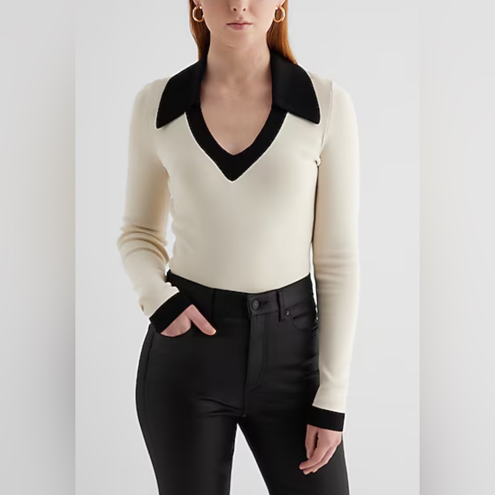 Express Cream and Black Long Sleeve V-Neck Top